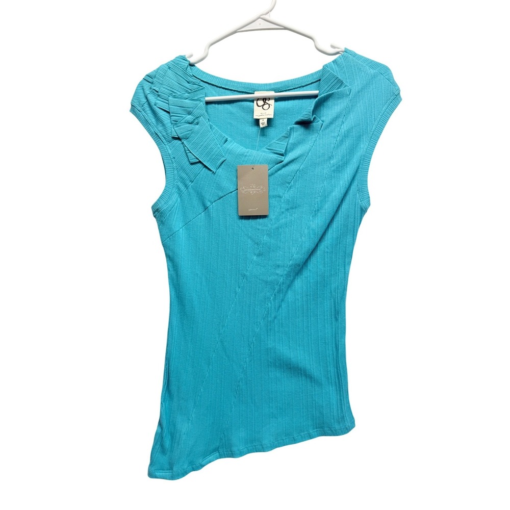 NWT One September Anthropologie Blouse Ruffle Asymmetrical Small Blue‎ Women